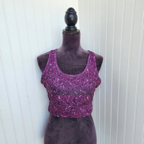 Reebok Purple Black Print Spellout Racerback Pull-On Sports Bra Gym XL - Picture 1 of 10